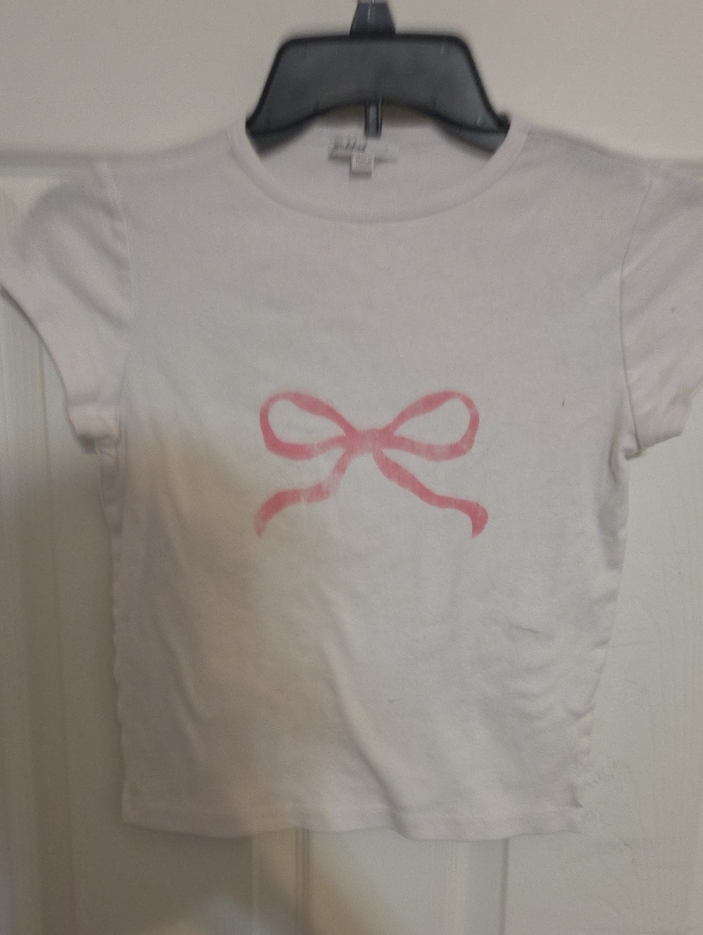 White Crop Tee with Pink Bow Graphic